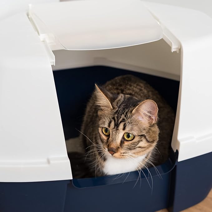 IRIS USA Large Corner Cat Litter Box Enclosure with Front Door Flap and Scoop, Hooded Kitty Litter Tray with Easy Access Lift Top Handle and Buckles for Portability and Privacy, Navy/White