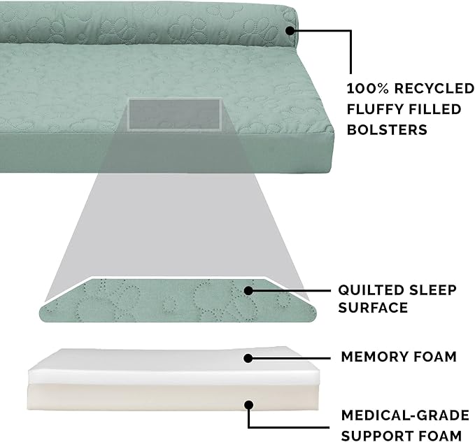 Furhaven Memory Foam Dog Bed for Large/Medium Dogs w/ Removable Bolsters & Washable Cover, For Dogs Up to 55 lbs - Pinsonic Quilted Paw L Shaped Chaise - Iceberg Green, Large
