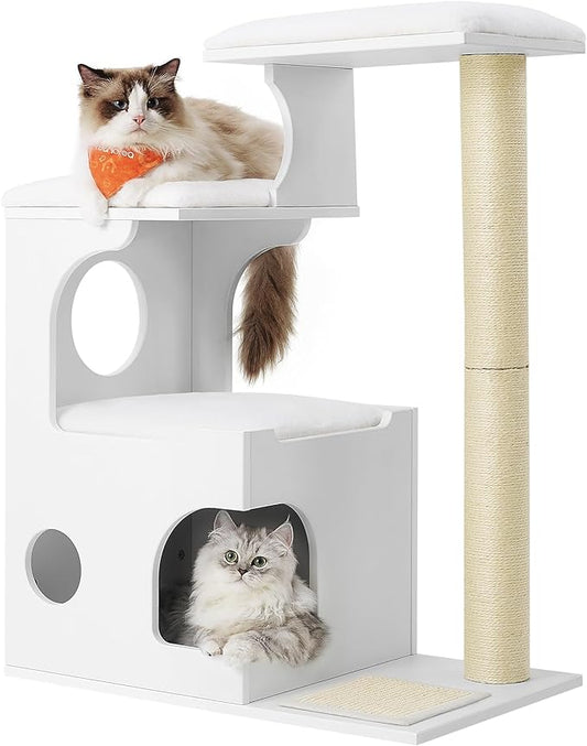 Feandrea WoodyWonders Cat Tree, 33.8-Inch Modern Cat Tower, Cat Condo with 3 Perches, Scratching Post and Mat, Cave, 4 Removable Washable Cushions, Cloud White UPCT070W01