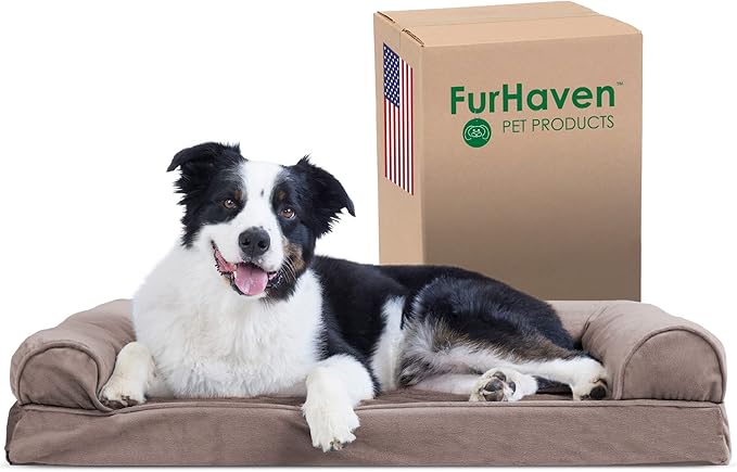 Furhaven Cooling Gel Dog Bed for Large/Medium Dogs w/ Removable Bolsters & Washable Cover, For Dogs Up to 55 lbs - Faux Fur & Velvet Sofa - Driftwood Brown, Large