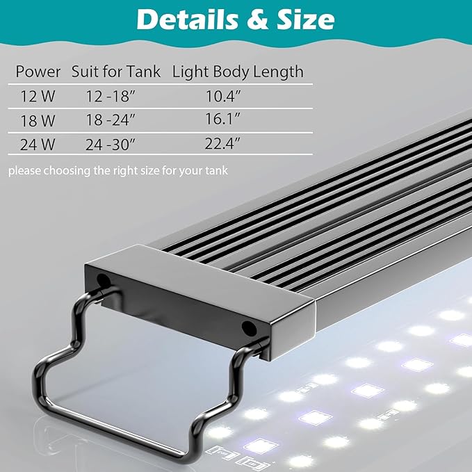 LED Aquarium Light, 24/7 Full Spectrum Dimmable Submersible Light 24-30 inch 24W for 20/25/30 Gallon Fish Tank, Day+Night Mode DIY Timer Auto On Off, HD Brightness 8 Colors RGB Mode