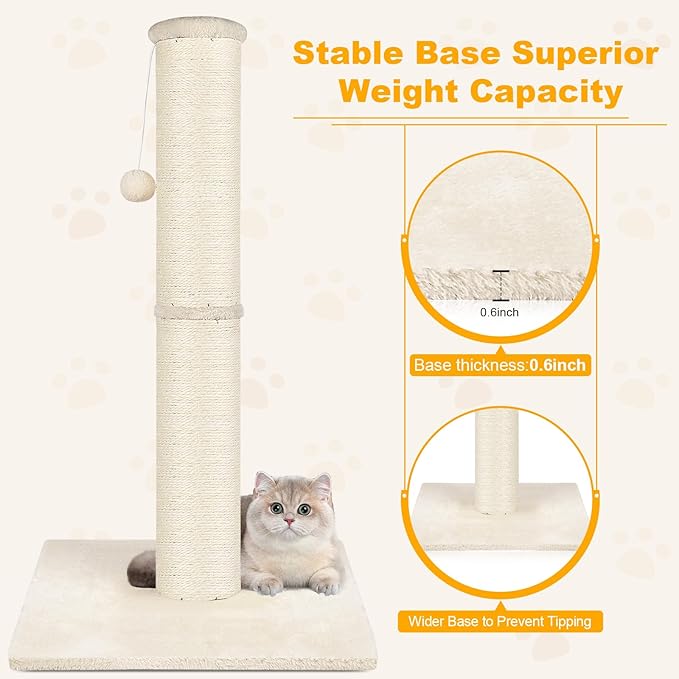Cat Scratching Post 34 inch Mid, Nature Sisal Cat Scratch Post for Indoor Cats, Large Cat Scratcher Protect Your Furniture, for All Breeds, White