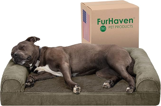 Furhaven Orthopedic Dog Bed for Large/Medium Dogs w/ Removable Bolsters & Washable Cover, For Dogs Up to 55 lbs - Faux Fur & Velvet Sofa - Dark Sage, Large