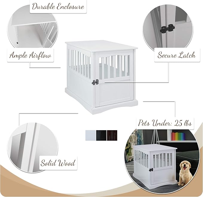 Casual Home Wooden Decorative Indoor Kennel Dog Crate End Table Night Stand Furniture with Lockable Gate for Medium Pets Up to 25 Pounds, White