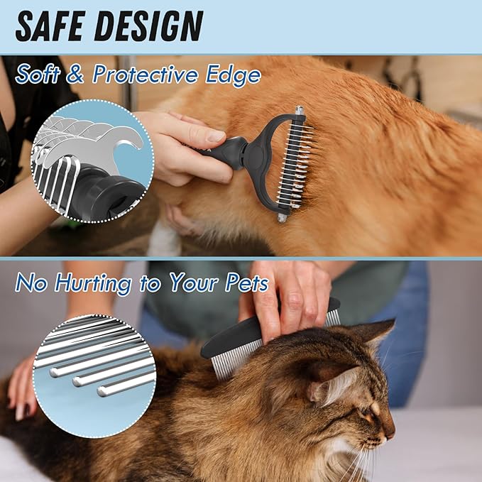 Pet Grooming Brush and Metal Comb Combo, Cat Brush Dog Brush for Shedding, Undercoat Rake for Dogs Grooming, Dematting Deshedding Brush Dogs Shedding Tool for Long matted Haired Pets, Black