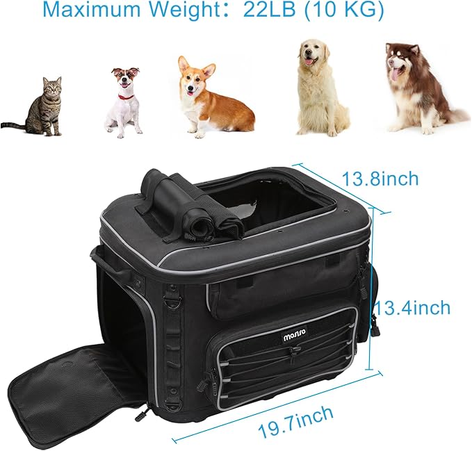 MOSISO Motorcycle Dog/Cat Carrier with Rain Cover, Portable Pet Carrier for Small Medium Pets Up to 22lb, Pet Travel Carriers Underseat for Luggage Rack or Passenger Seat with Sissy Bar Straps, Black