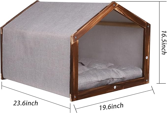 Dog House with Wooden Frame for Small Dogs or Cats Pet House with Fabric Cushion for Indoor (Grey)