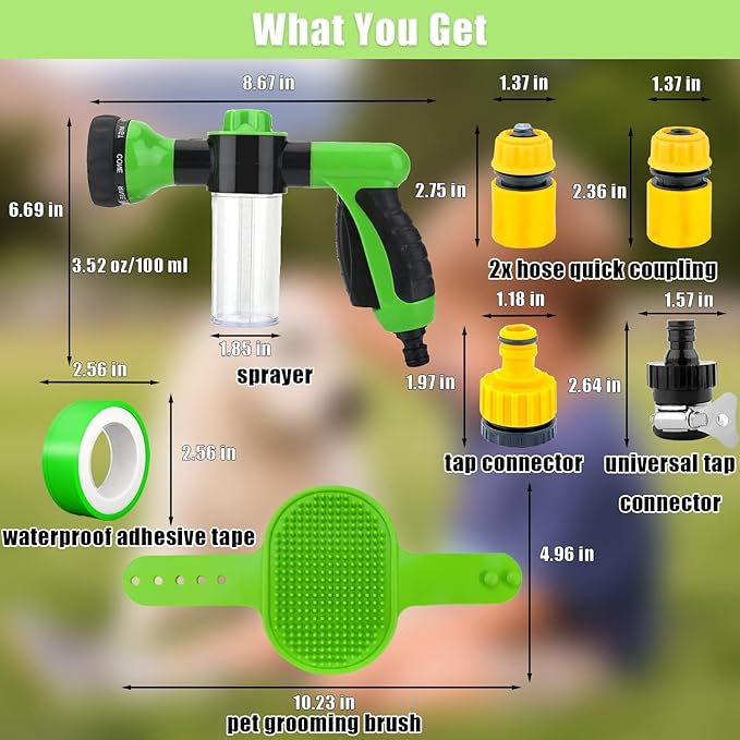 Dog Washing Hose Attachment with Soap & Shampoo Dispenser, 8-Way Spray Modes Pup Jet Dog Wash, Garden Hose Nozzle Sprayer for Watering Plants, Lawn, Patio, Car Wash, Showering Pet Outdoor