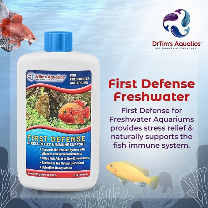 DrTim's Aquatics First Defense for Freshwater Aquariums – Stress Relief & Immune System Support with Vitamins Immunostimulants Fish Tanks 32oz.