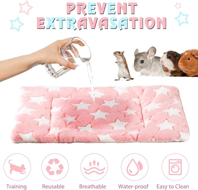 4 Pcs Waterproof Guinea Pig Bedding Winter Guinea Pig Plush Cage Liners Soft Dog Cat Bed Mat Reversible Cozy Animal Pee Pad Hamster Bed Mat Washable for Bunny (Cute Star,13 x 10 Inch)