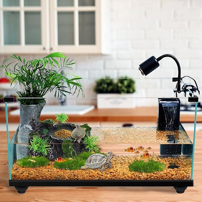 PINVNBY Resin Reptile Platform, Reptile Water Dish, Artificial Plants and Moss Reptile Food Water Bowl for Bearded Dragon, Lizard, Gecko, Turtle, Water Frog, Snake (with Moss)