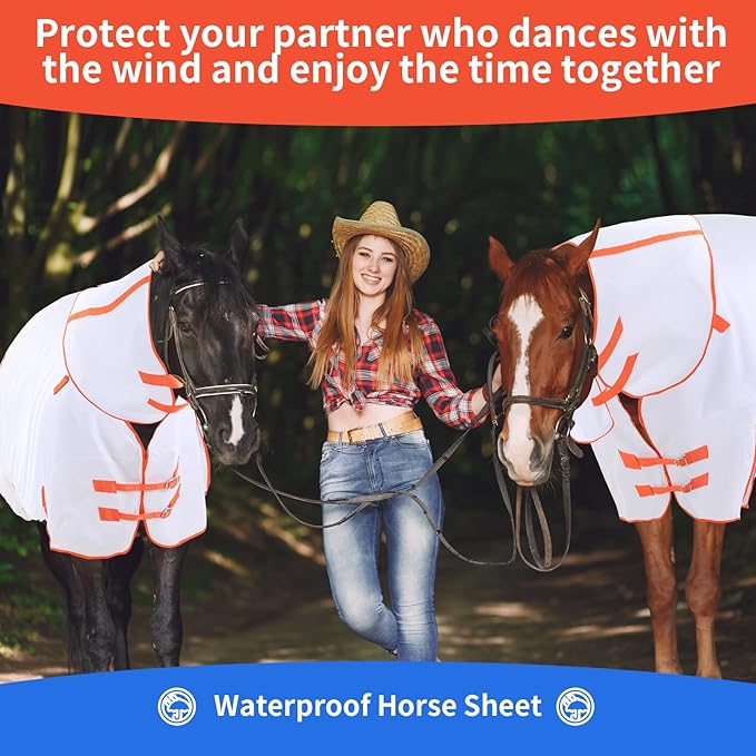 2 Pieces 600d Waterproof Horse Sheet 78" Size Stylish White and Orange Horse Vest with Neck to Protect Your Horse Against Flies and UV Brace for Summer and Rainy