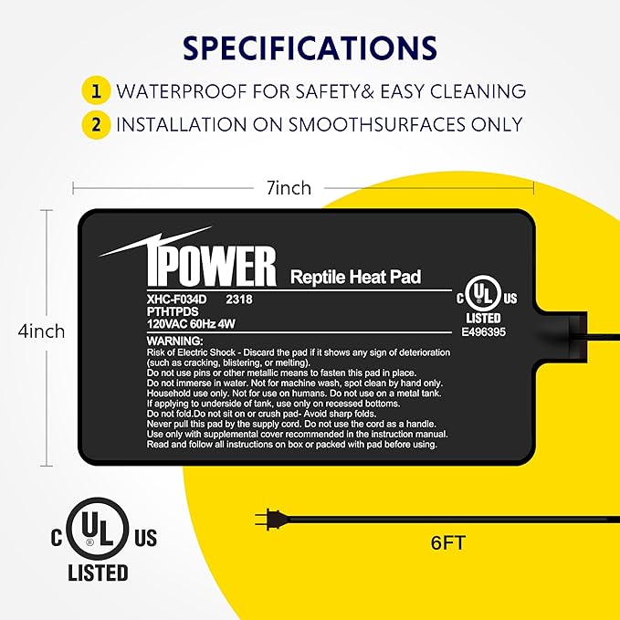 iPower Reptile Heat Pad 4X7 Inch 4W Under Tank Terrarium Warmer Heating Mat for Turtle, Lizard, Frog, Snake, Reptile, and Other Small Animals