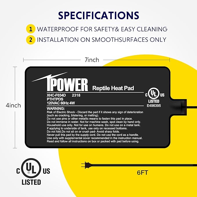 iPower Reptile Heating Pad, Under Tank Heater, Waterproof Terrarium Heat Mat 4X7 Inch, for Turtle, Lizard, Frog, Snake and Other Reptiles