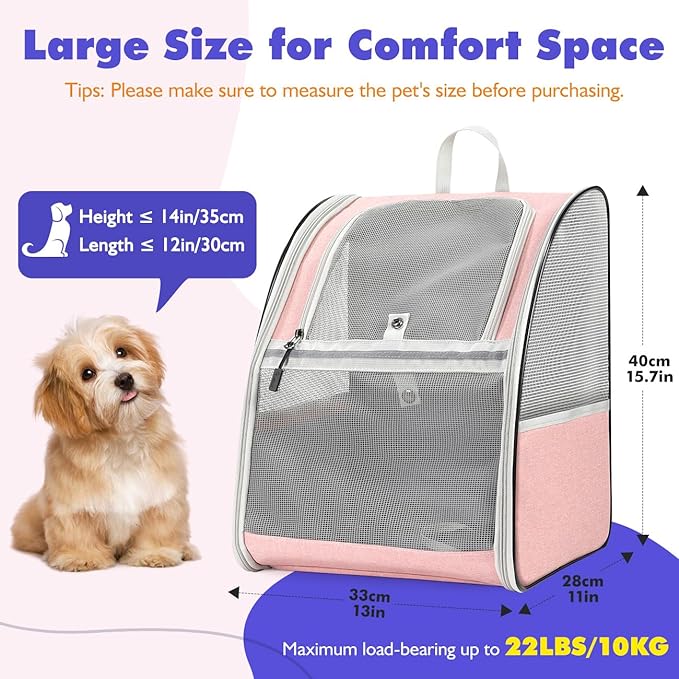 Pawaboo Large Cat Carrier Backpack, Small Dog Carrier Backpack for Small Medium Cats & Puppies, Fully Ventilated Upgraded Steel Frame Bubble Cat Carrier for Hiking Travel Cycling - Pink (up to 22lbs)