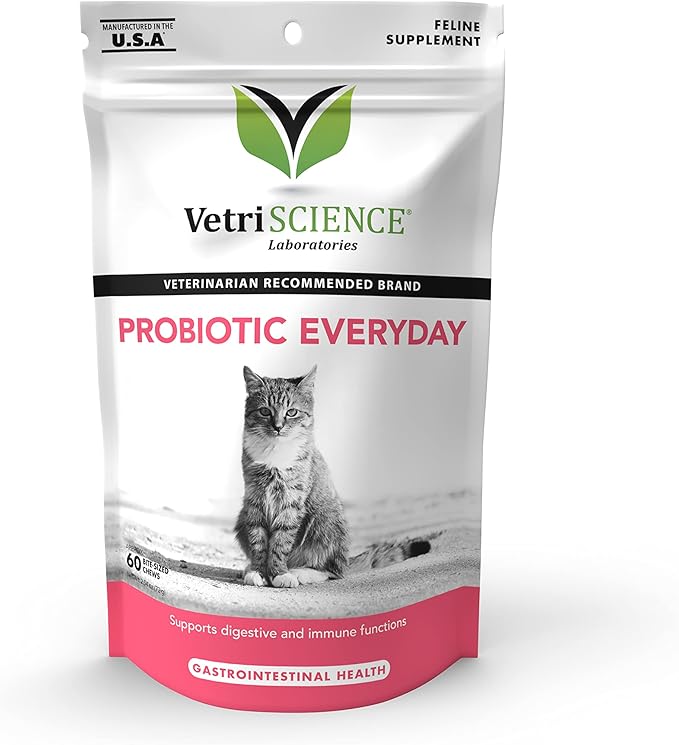 VetriScience Probiotic Everyday for Cats, Digestive Support Supplement, Duck Flavor, 60 Bite Sized Chews - Probiotics and Prebiotics, GI and Immune Support