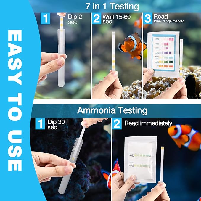 8 in 1 Ammonia Test Kit for Aquarium, Aquarium Test Strips, Fish Tank Test Strips, Aquarium Ammonia Test Strips for Aquarium 150 Counts for Freshwater Saltwater, Testing Ammonia and 7 More