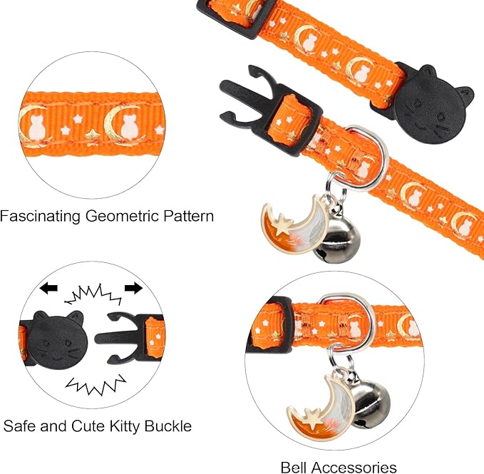 2 Pack Breakaway Cat Collar with Bells, Adjustable Moon and Star Kitten Safety Collars for Boys & Girls, Black+Orange