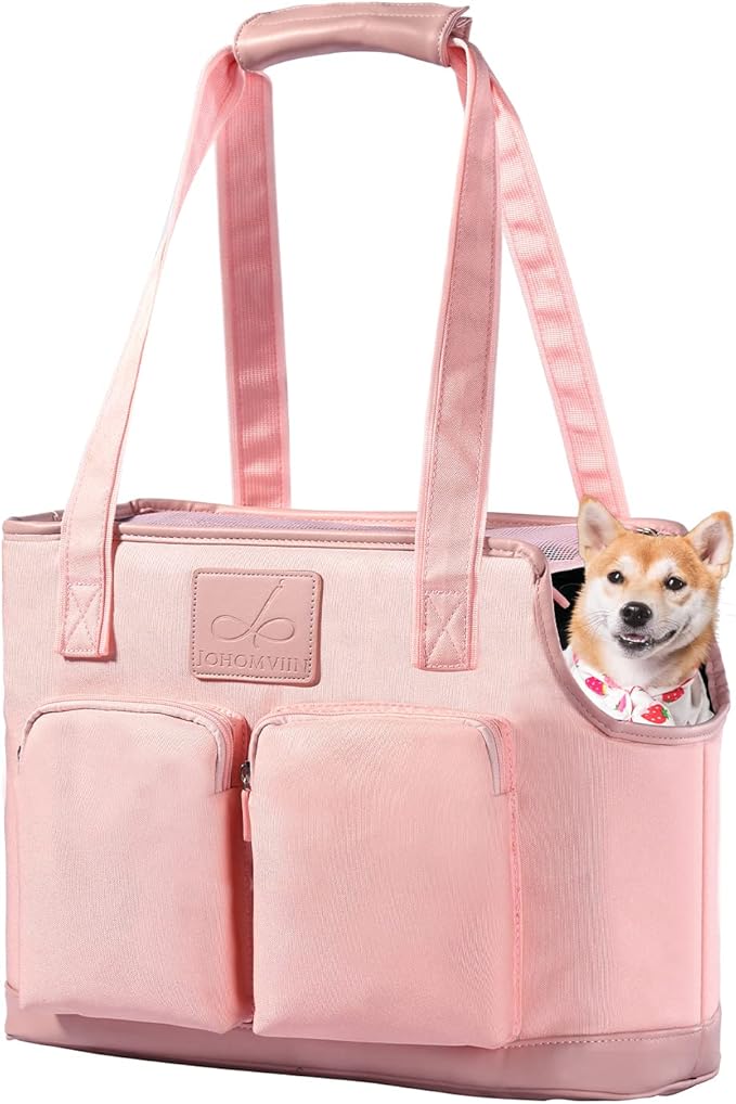 Dog Carrier Purse, Foldable Waterproof Premium PU Leather Oxford Cloth Dog Carrier Bag, Pet Travel Tote Bag with Pockets for Cat and Small Dog (Pink)