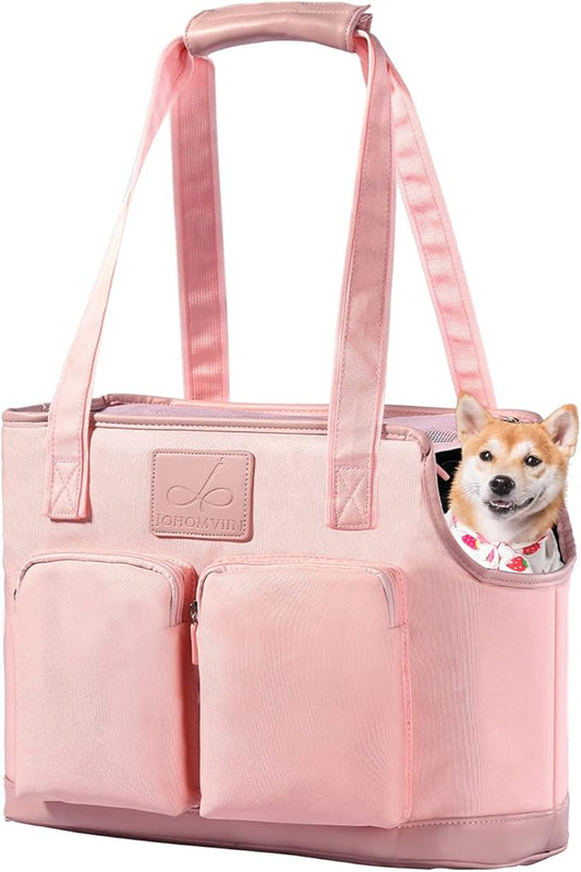 Dog Carrier Purse, Foldable Waterproof Premium PU Leather Oxford Cloth Dog Carrier Bag, Pet Travel Tote Bag with Pockets for Cat and Small Dog (Pink)