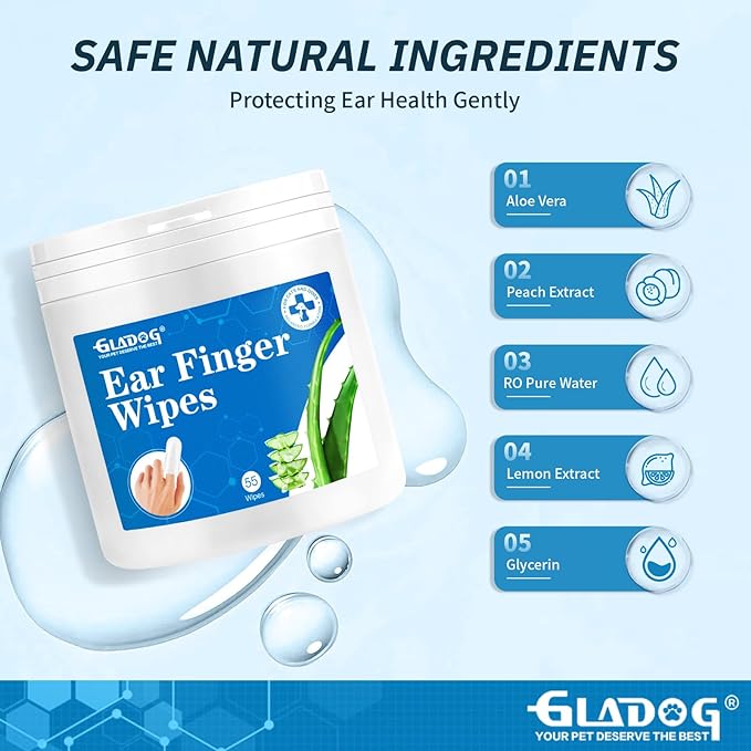 GLADOG Dog Ear Cleaner Finger Wipes 110 Counts, Ear Finger Wipes for Dogs Cats, Gently Removes Dirt & Odor, Dissolves Wax Build-Up, Easy to Use, Ear Cleaning Finger Wipes for Dogs, Natural Ingredients