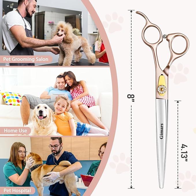 Gimars 8 Inch Professional 440C Stainless Steel Dog Grooming Scissors Heavy Duty 6 In 1 - Straight, Thinning, Chunker, Curved Shears and Comb, Ergonomic Pet Grooming Scissor for Dogs, Cats