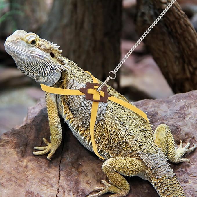 2 Pack Adjustable Reptile Harness and Leash for Lizard Gecko Bearded Dragon Outside Walk (Yellow)