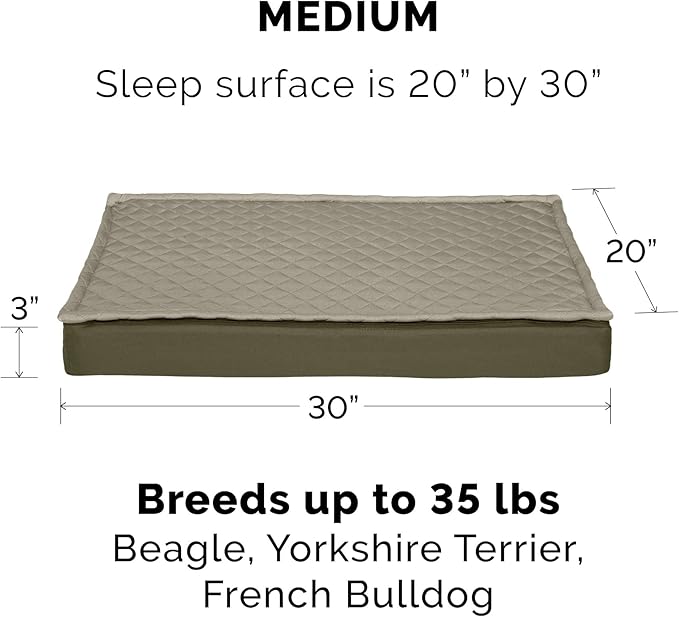 Furhaven Water-Resistant Memory Foam Dog Bed for Medium/Small Dogs w/ Removable Quilt Top & Washable Cover, For Dogs Up to 35 lbs - Indoor/Outdoor Quilt Top Convertible Mattress - Dark Sage, Medium