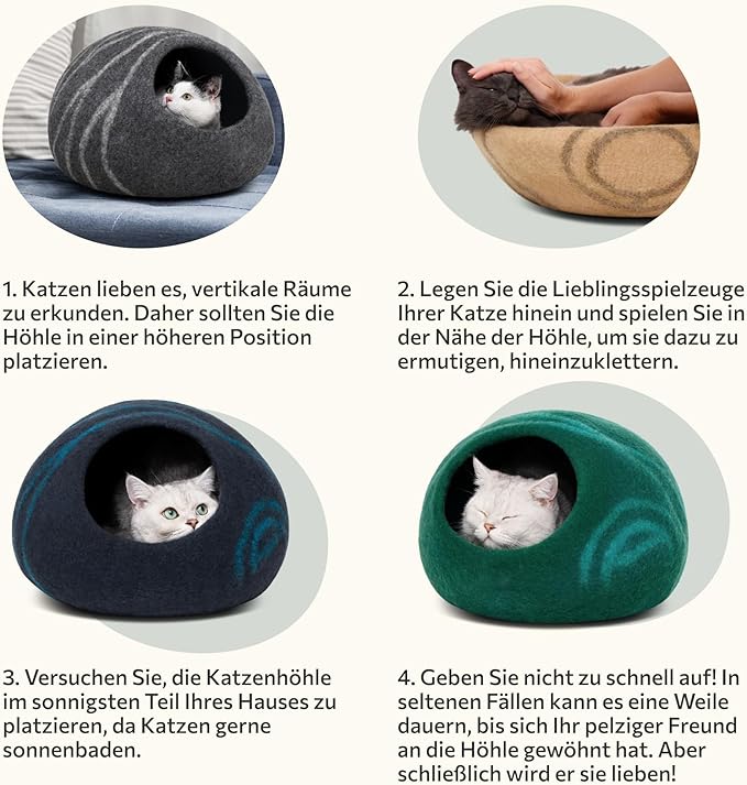 MEOWFIA Premium Felt Cat Bed Cave - Handmade 100% Merino Wool Bed for Cats and Kittens (Light Shades) (Large, Pink)