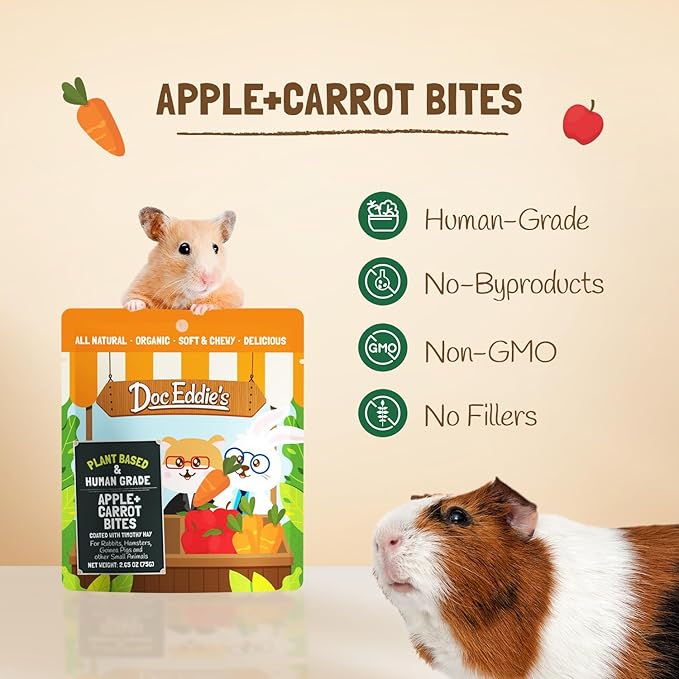 DOC EDDIE'S Apples+Carrots Small Animal Treats or Snack for Hamster, Guinea Pig, Rabbit, Chinchilla, Bunny, Gerbil, Mouse, Rat, Hedgehog, or Squirrel - 5oz - Made with Real Fruit, Organic Ingredients