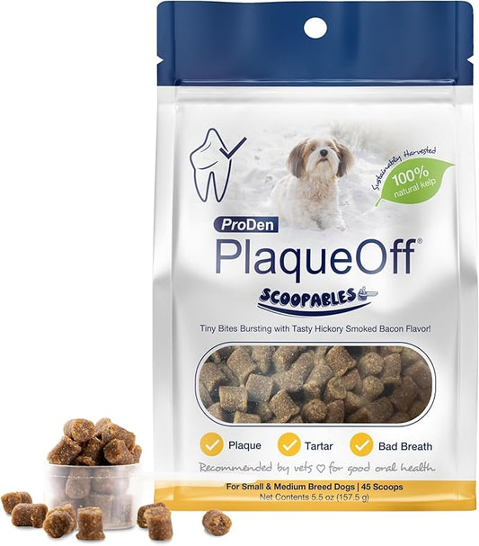 ProDen PlaqueOff Scoopables - Hickory Smoked Bacon Flavor Dental Bites for Small Dogs, Natural Kelp for Plaque & Tartar Control, Freshens Breath - Small & Medium Breed Dental Care- 45 Scoops