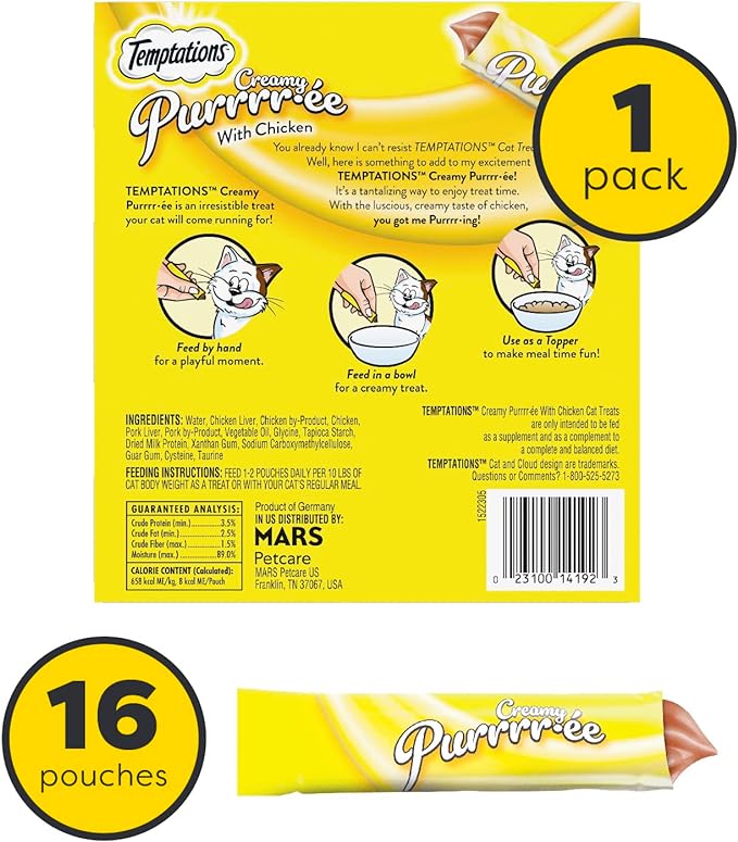 Temptations Creamy Puree with Chicken Lickable, Squeezable Cat Treats, 0.42 Oz Pouches, 16 Count (pack of 1)