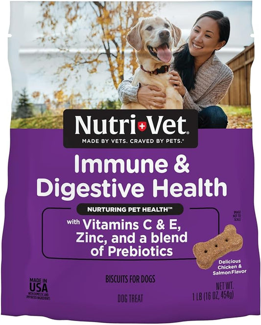 Nutri-Vet Immune & Digestive Health Biscuits for Dogs - Immune Health Dog Biscuits - Prebiotic & Postbiotic Dog Treat - Tasty Digestive Dog Biscuits - 16 oz