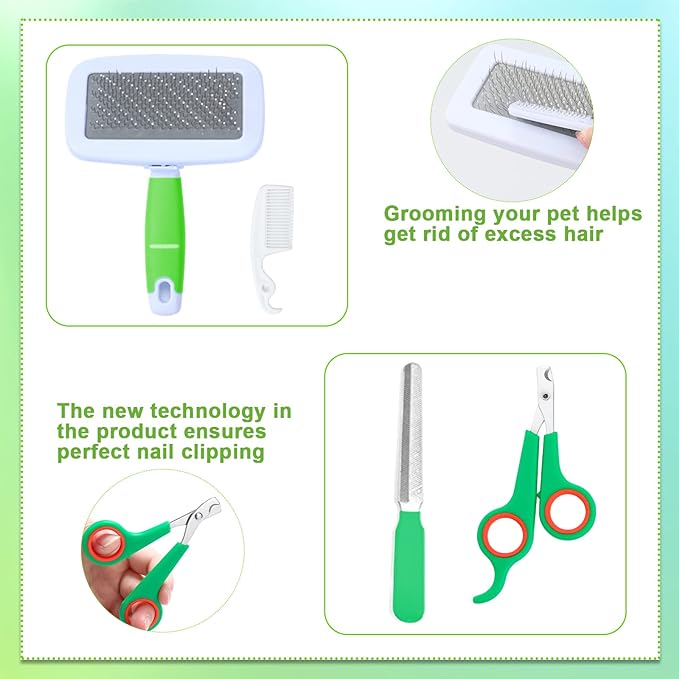 8 Pcs Small Animal Pink Grooming Kit, Rabbit Grooming Kit with Pet Nail Clipper and File, Flea Comb, Pet Shampoo Bath Brush , Pet Shedding Slicker Brush, Bath Massage Glove, Cleaning Comb (Green)