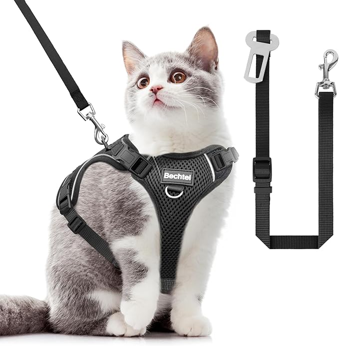 Cat Car Harness and Leash for Walking, The Upgrade Can be Adjusted in Four Directions and Breathable Cat Harness for Anti Escape that can be Fitted and Positioned, Reflective Strips Harness, Black, XS