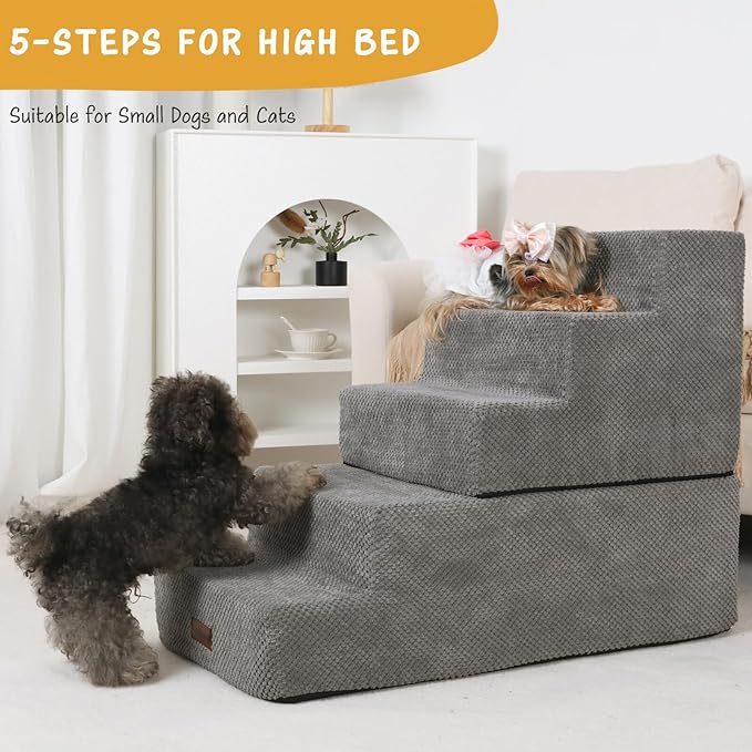 5-Step Dog Stairs to Bed, Dog Steps for High Beds and Couch, Non-Slip Pet Stairs for Small Dogs and Cats,Dog Bed Stairs, Grey, 3/4/5 Steps