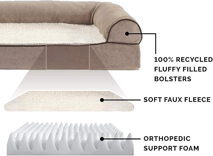 Furhaven Orthopedic Dog Bed for Medium/Small Dogs w/ Removable Bolsters & Washable Cover, For Dogs Up to 35 lbs - Sherpa & Chenille Sofa - Cream, Medium