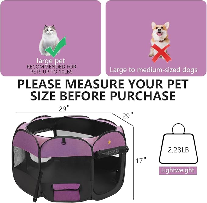 Pet Puppy Dog Playpen, Kitten Playpen Indoor/Outdoor, Portable Dog Play Pen Tent Crates Cage for Small Dog and Cat, Foldable Pop Up Dog Kennel Playpen with Waterproof Bottom & Top Cover, Purple