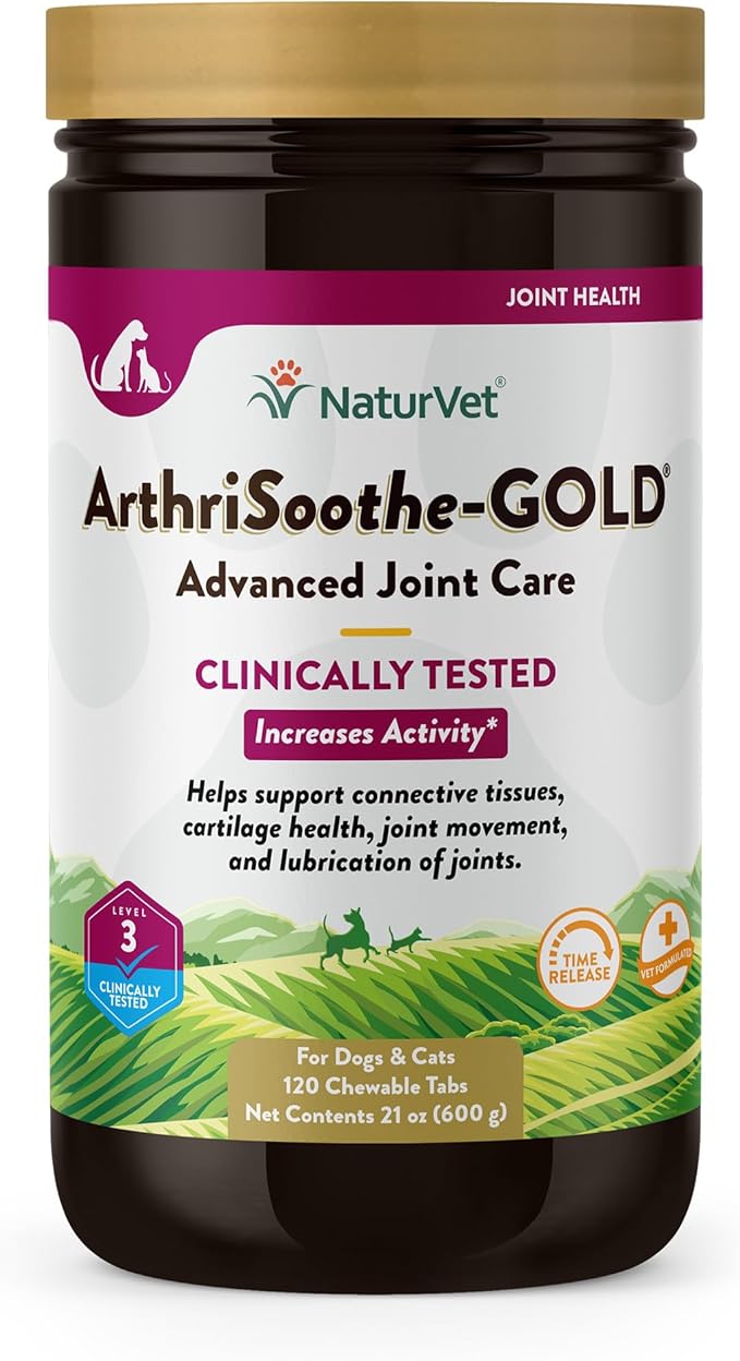 NaturVet – ArthriSoothe-GOLD – Level 3 Advanced Joint Care | Clinically Tested to Support Connective Tissue, Cartilage Health & Joint Movement | Enhanced with Glucosamine, MSM, Chondroitin & Green Lipped Mussel | For Dogs & Cats | 120 Chewable Tablets