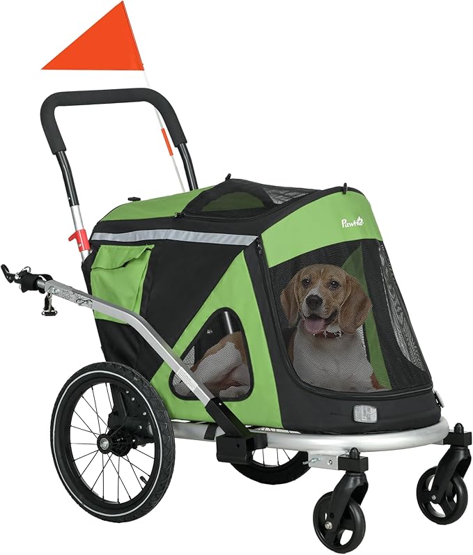 Aosom 2 in 1 Bike Trailer, Foldable Dog Bike Stroller with Aluminum Frame, Quick Release Wheels, Safety Leash, Anti-Slip Mat, Hitch Coupler, Reflectors, Flag for Medium Dogs