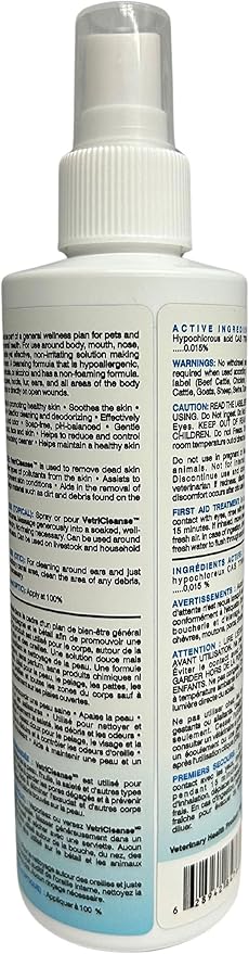 VetriCleanse Pet Itch Relief & Wound Care Spray with Hypochlorous Acid - Skin + Coat Care - Dog & Cat Deodorizer, Eye Cleaner & Ear Cleaner for All Animals - 225ml