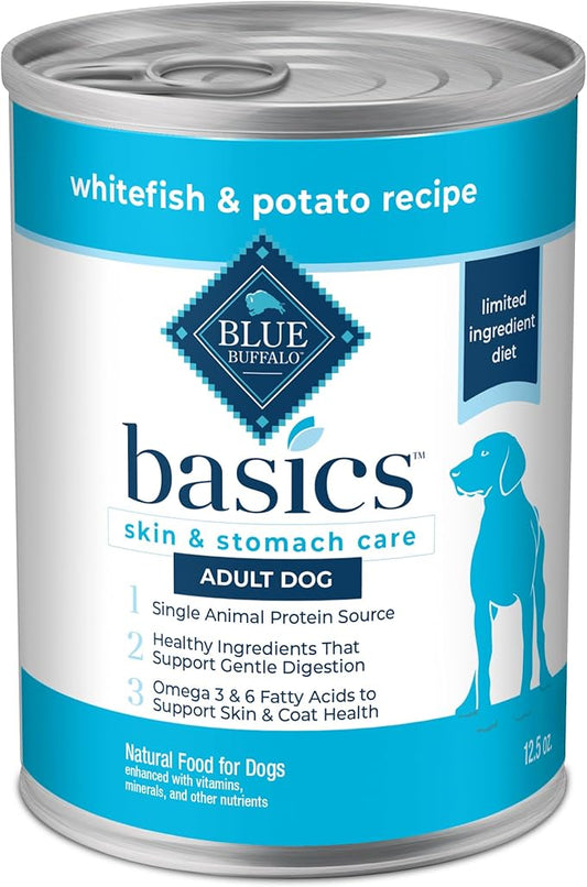 Blue Buffalo Basics Grain-Free Adult Wet Dog Food, Skin & Stomach Care, Limited Ingredient Diet, Whitefish Recipe, 12.5-oz. Can, 12 Count