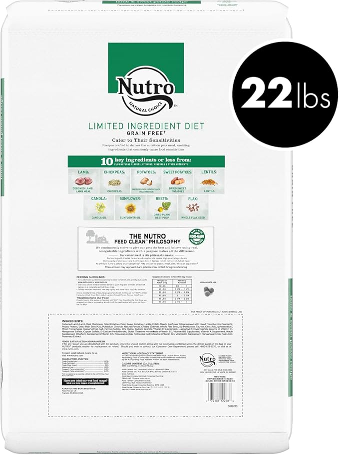 NUTRO Limited Ingredient Diet Small Bites Adult Dry Dog Food Lamb & Sweet Potato Dog Kibble, 22 lb. Bag