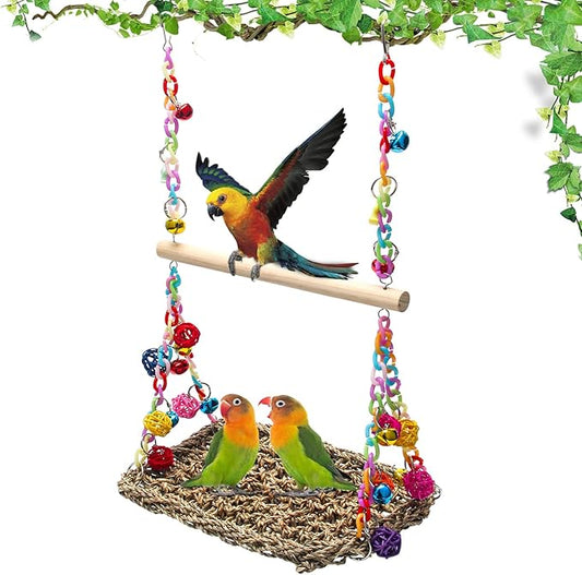 Bird Swing Toys with Wood Perch, AHIER Bird Seagrass Woven Hammock Swing Mat Bird Climbing Hammock Bird Perch Stand Chewing Toy for Parakeets, Budgie, Conure, Cockatiel, Lovebird