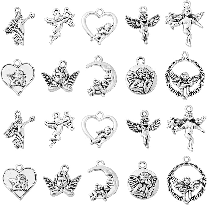 Stiesy 100 Pcs Tibetan Style Alloy Angel Charm Vintage Love Heart Cupid Charms for DIY Necklace Bracelet Jewelry Making Accessories