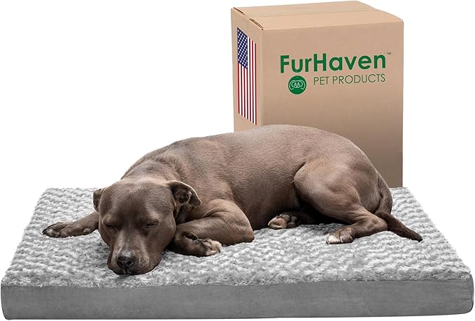 Furhaven Memory Foam Dog Bed for Large/Medium Dogs w/ Removable Washable Cover, For Dogs Up to 55 lbs - Ultra Plush Faux Fur & Suede Mattress - Gray, Large