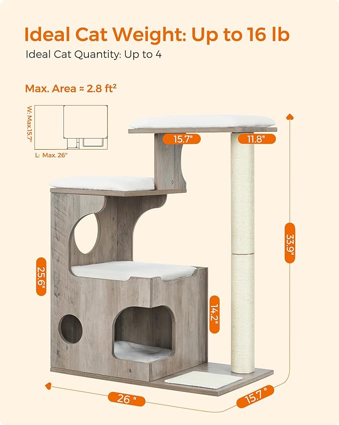 Feandrea WoodyWonders Cat Tree, 33.8-Inch Modern Cat Tower, Cat Condo with 3 Perches, Scratching Post and Mat, Cave, 4 Removable Washable Cushions, Heather Greige UPCT070G01