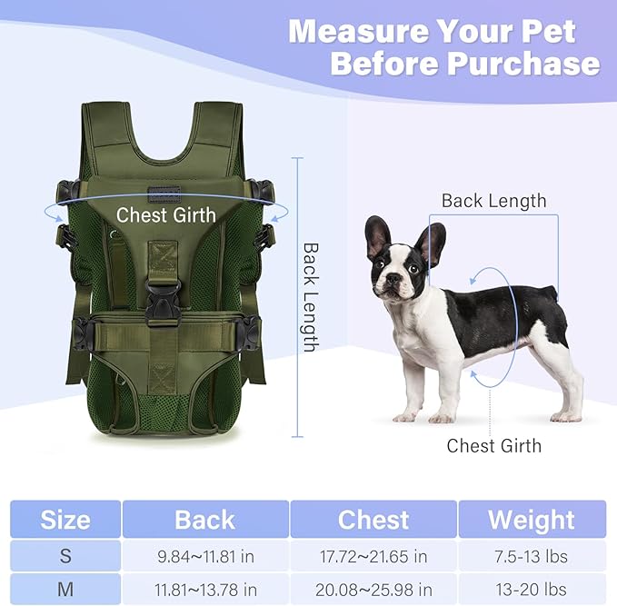 YUDODO Pet Dog Front Carrier Backpacks Multiple Adjustable Small Dog Chest Carrier Legs Out Easy-Fit Dog Travel Backpack Carrier for Hiking Camping for Small Medium Dogs Cats and Rabbit (S,Army Green)