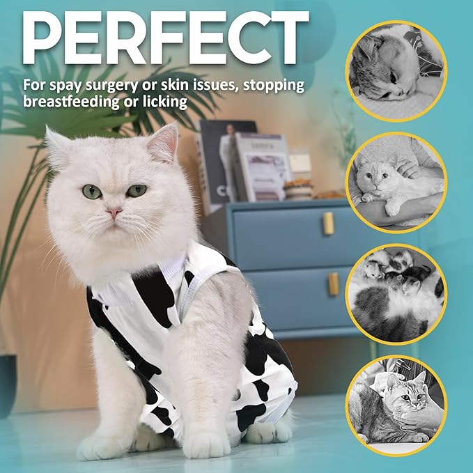 Avont Cat Recovery Suit - Kitten Onesie for Cats After Surgery, Cone of Shame Alternative Surgical Spay Suit for Female Cat, Post-Surgery or Skin Diseases Protection -Cow(L)