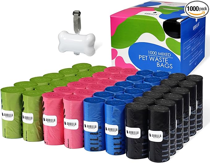 GORILLA SUPPLY Dog Poop Waste Bags with Dispenser and Leash Tie, 9" x 13", Multicolored, 1000 Count